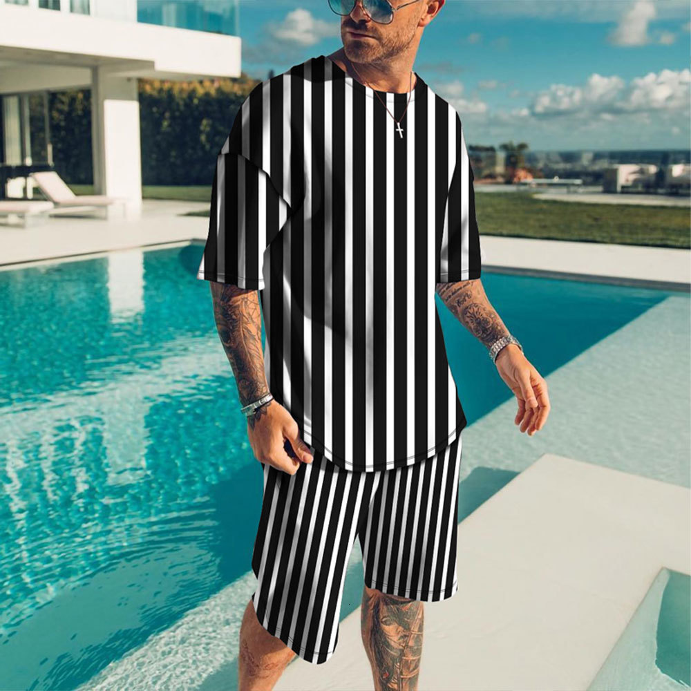 Men's Tracksuits Black And White Stripes T Shirt Set Fashion Men Tracksuit Suit Short Sleeve Tshirts Shorts Oversized 6XL Casual Streetwear Sport