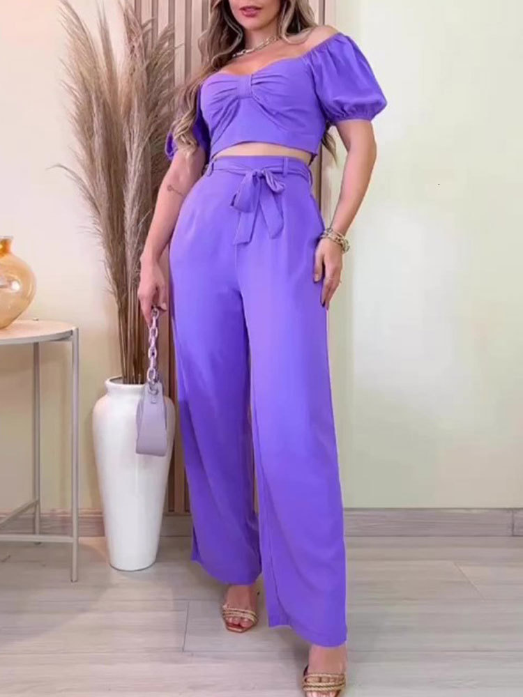 Women's Two Piece Pants Solid Wide Leg Pants Two Piece Set Women Puff Short Sleeve Crop Top And Loose Trouser Outfits Fashion Office Lady Casual 