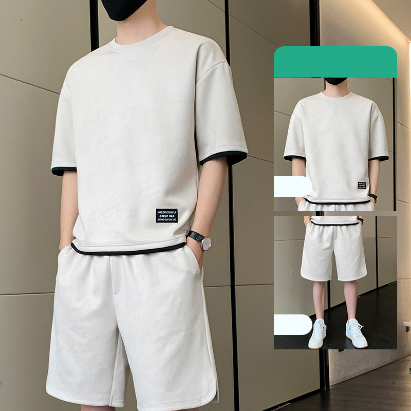 Men's Tracksuits Suede Tracksuit Mens Summer Sets O-Neck Short Sleeve Shorts Fashion Solid Color Sport Suit Men Loose T-shirts 2 Piece Set 230511