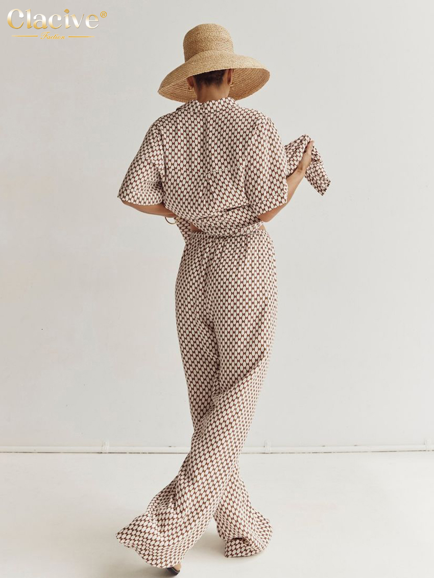 Women's Two Piece Pants Clacive Summer Short Sleeve Blouse Two Piece Set For Women Elegant Loose Print Pants Set Fashion Mid Waist Wide Trouser S