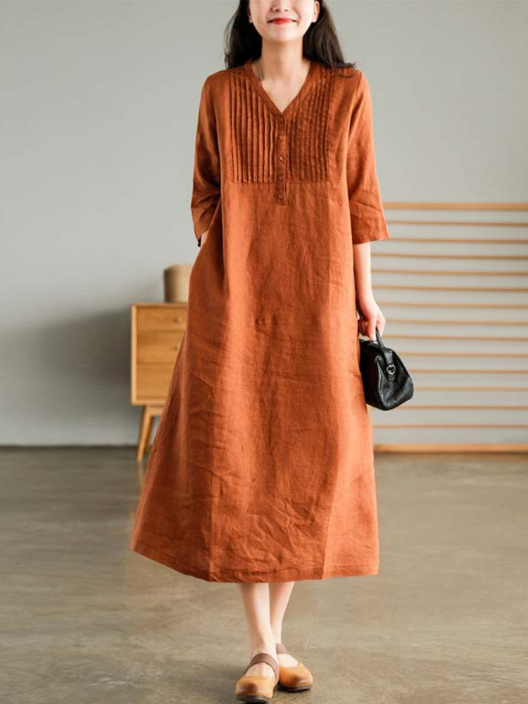 Casual Dresses Summer Women's Cotton and Linen Dress Loose Stitching Solid Color Cotton and Linen V-neck Five-point Sleeve Mid-length 230511