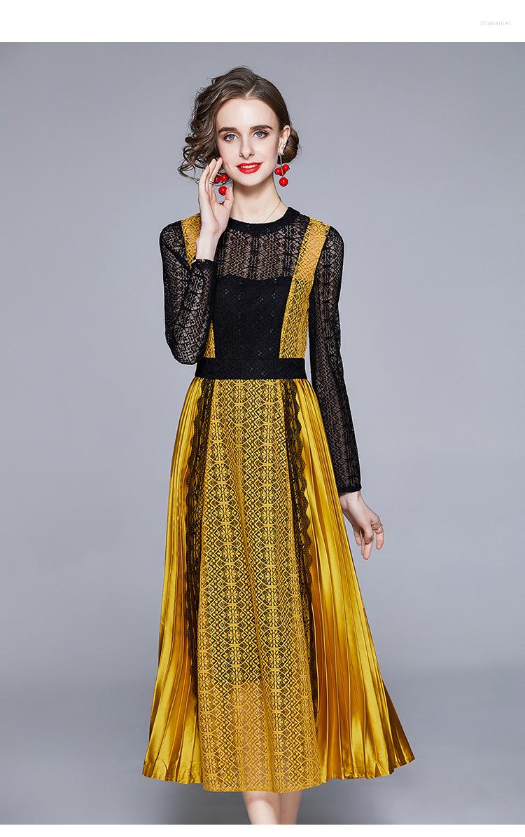 2023 Casual Dresses Summer Quality Women Long Sleeve Runway Dress Autumn Fashion Green Patchwork Pleated Lace Self Portrait Ves