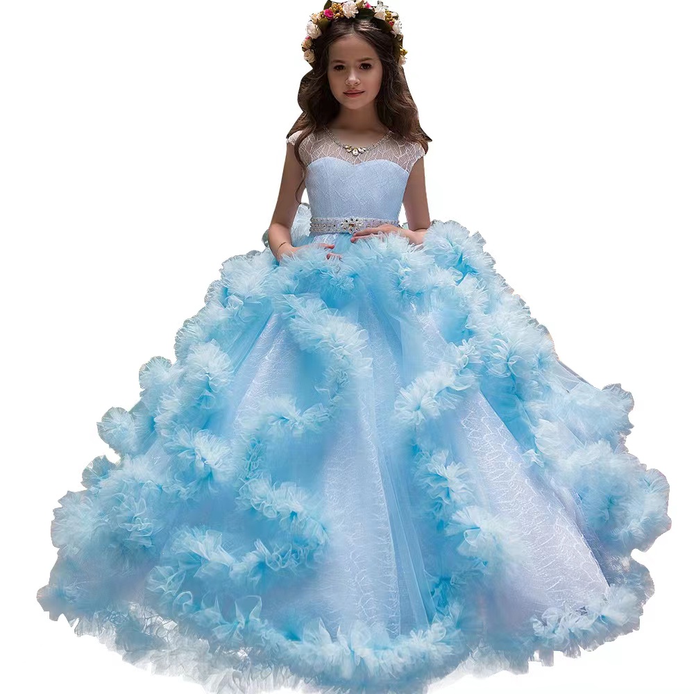 2023 Pink blue Flower Girl Dresses 3D Flowers crystal neck Girls Pageant Dress vestido de daminha Dress for Kids Custom Made Ruffle Tiered Sweep Train