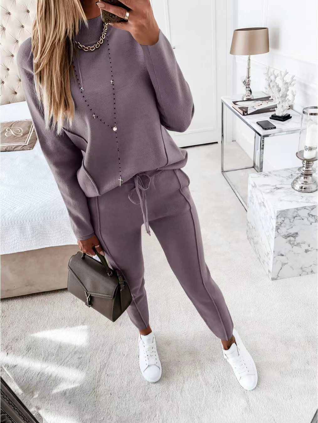 Women's Two Piece Pants Women Two-piece Set Autumn Winter High Collar Long Sleeve Sweater and Trousers Fashion Casual Streetwear Office Ladies Su