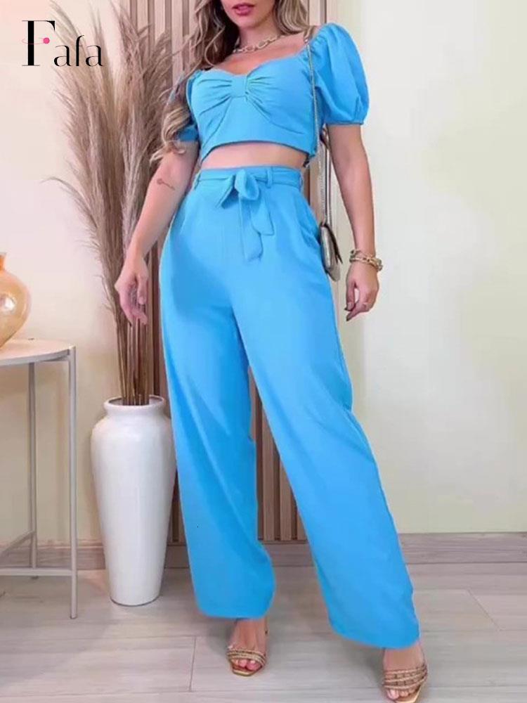 Women's Two Piece Pants Solid Wide Leg Pants Two Piece Set Women Puff Short Sleeve Crop Top And Loose Trouser Outfits Fashion Office Lady Casual 