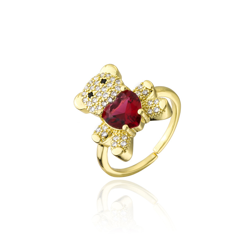 Cute Adjustable CZ Micro Pave Heart Bear Ring Copper Rings Jewelry