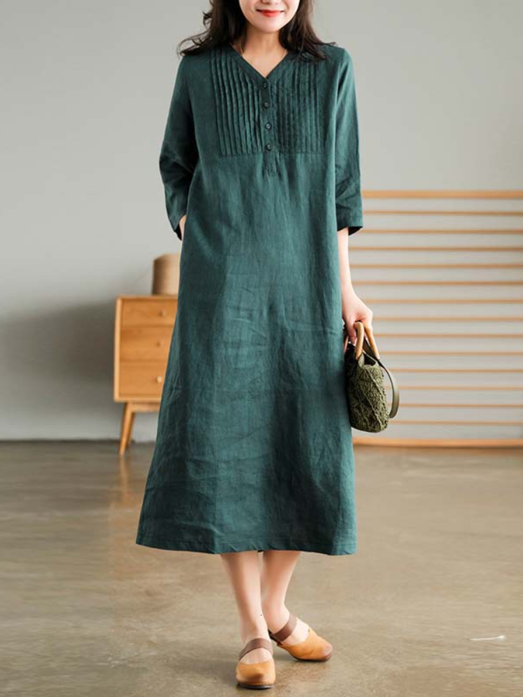 Casual Dresses Summer Women's Cotton and Linen Dress Loose Stitching Solid Color Cotton and Linen V-neck Five-point Sleeve Mid-length 230511