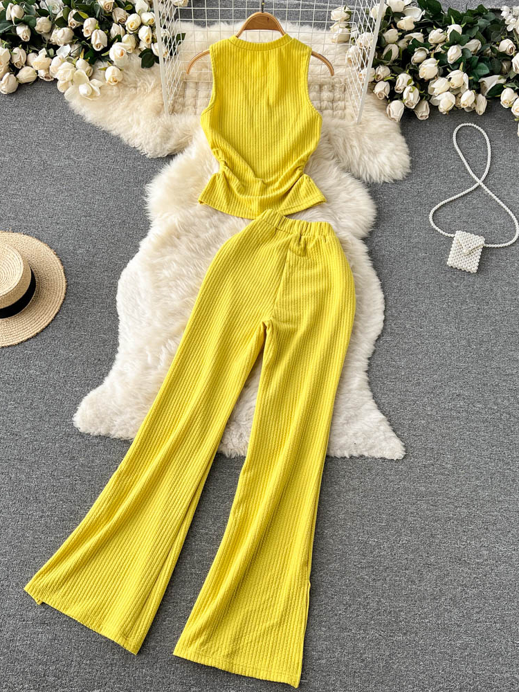 Women's Two Piece Pants Korean Suits Women's Two Piece Set Summer Slim Fit Sleeveless O-neck Tops High Waist Slits Trousers Two-piece Suit F