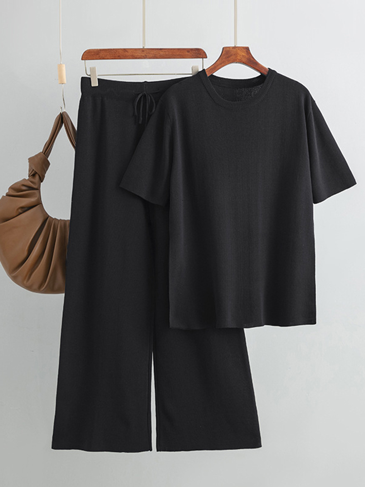 Women's Two Piece Pants Casual Knitted Pants 2 Piece Sets Women Outfit Summer Streetwear Loose Split SweaterLace-Up Trousers Short Sleeve Suit 23