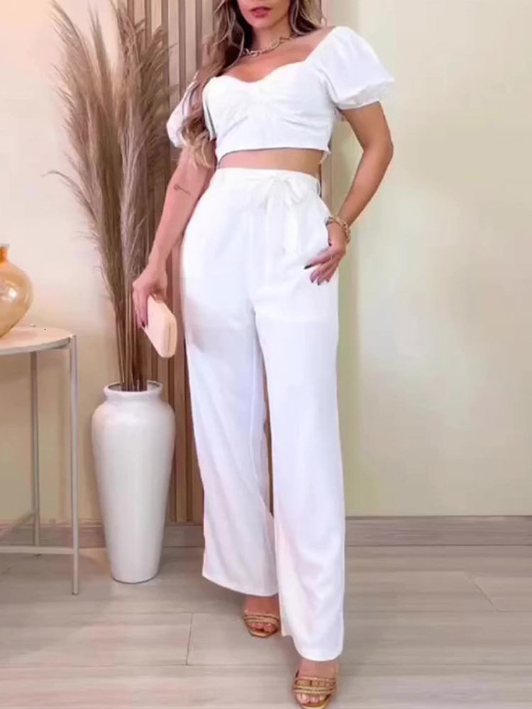 Women's Two Piece Pants Solid Wide Leg Pants Two Piece Set Women Puff Short Sleeve Crop Top And Loose Trouser Outfits Fashion Office Lady Casual 