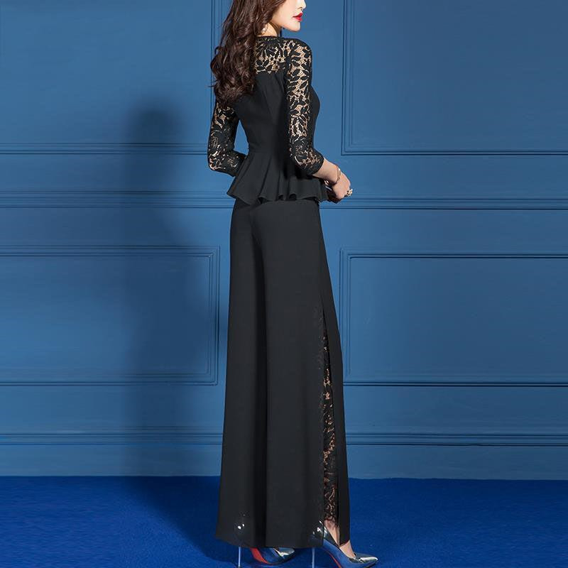 Women's Two Piece Pants Elegant Women Outfits Spring Summer Work Pants Suits OL 2 Piece Korean Loose Wide LegPant Trousers Female Casual Lace Set