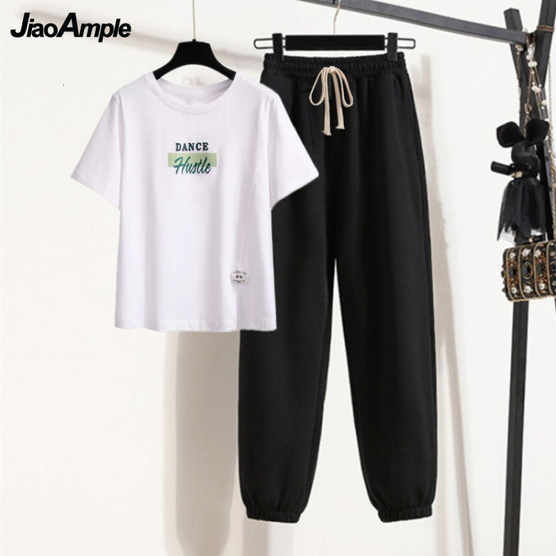 Women's Two Piece Pants Women's Tracksuit Summer Loose Slit Short Sleeve T-Shirt Pants Two-Piece Korean Fashion Top Trousers Sportwear Set 2