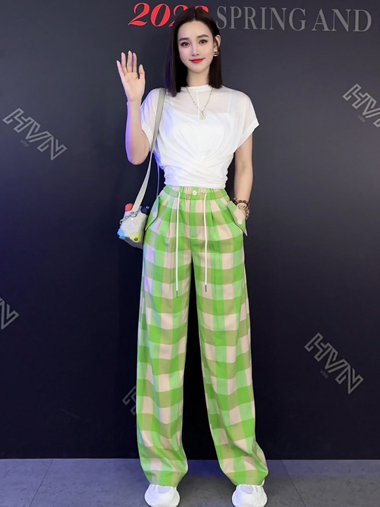 Women's Two Piece Pants Casual Streetwear Short Sleeved 2 Piece Sets Women Summer Irregular White Thin TopsPlaid Wide-Leg Trousers Fashion Suit 2