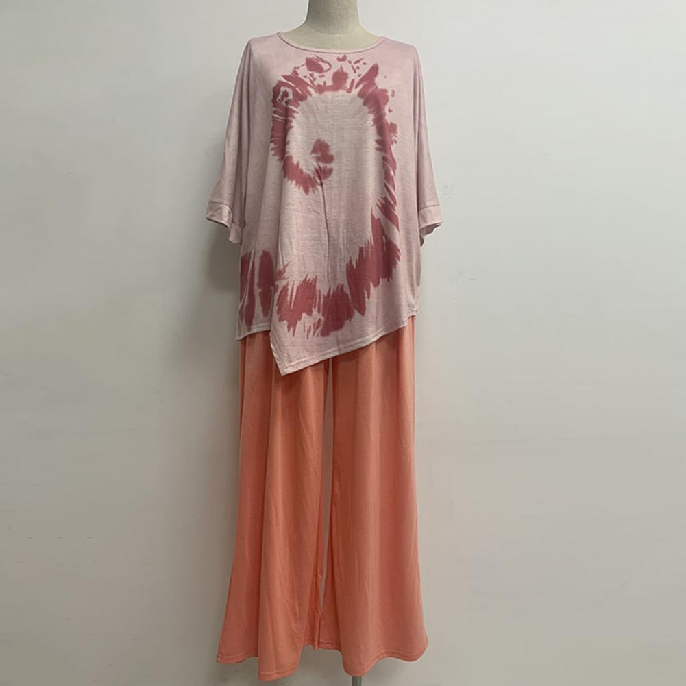 Women's Two Piece Pants M - 5XL 2Pcs Tops Pants Set Vintage Tie-dye Round Neck Half Sleeves Irregular Hem High Waist Summer Women T-shirt Trouser
