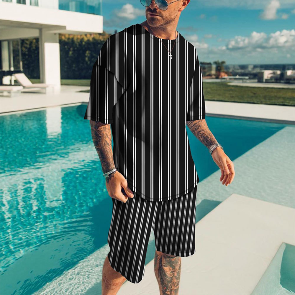 Men's Tracksuits Black And White Stripes T Shirt Set Fashion Men Tracksuit Suit Short Sleeve Tshirts Shorts Oversized 6XL Casual Streetwear Sport