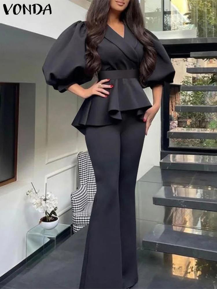 Women's Two Piece Pants Y2k Women Sets VONDA Vintage Puff Sleeve Waist Belt Top Trousers Suits Female Sexy V Neck Party Sets Femininas Suits Bagg