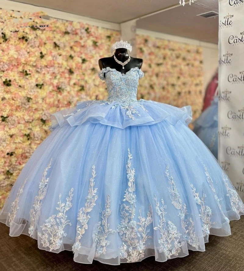 Light Sky Blue Quinceanera Dresses 2023 Off The Shoulder Lace Applique Sweet 16 Gowns Beading Corset porno nin de 15 anos