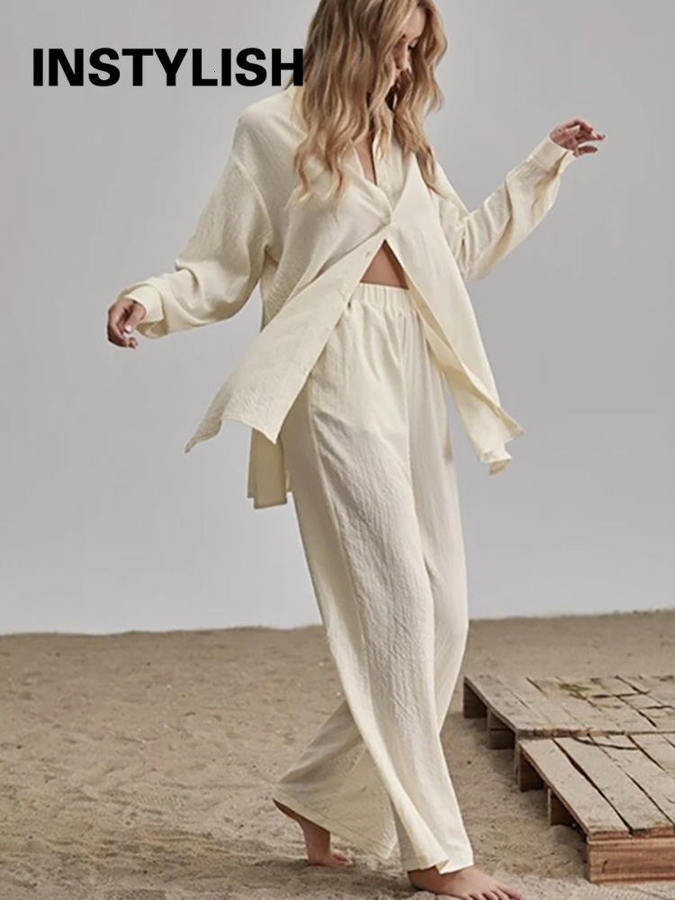 Women's Two Piece Pants Elegant Cotton Linen Two Pieces Sets Long Sleeve Shirt and High Waist Trousers Vintage Solid Suits Women Outfits Streetwe