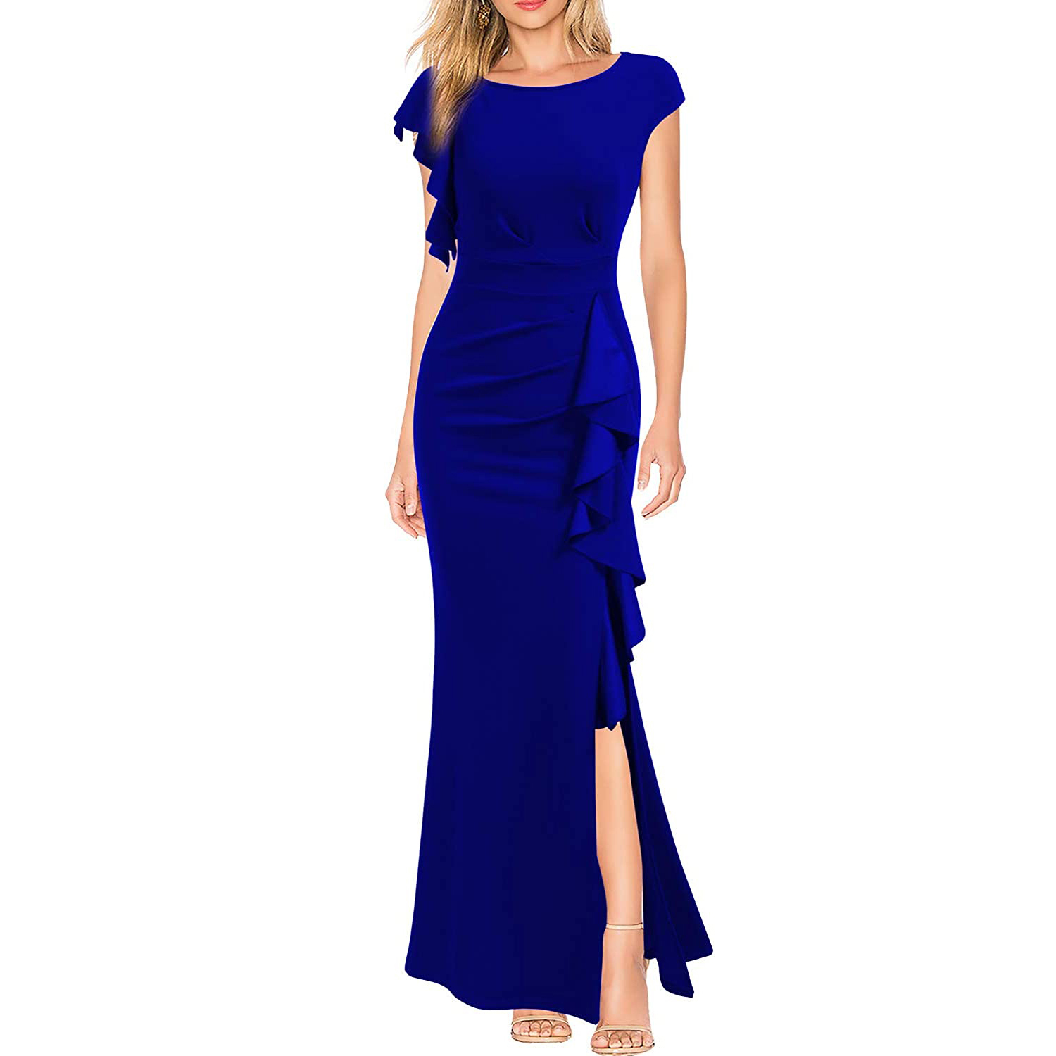 Bodycon Cocktail Dresses: Women's O-Neck Ruffle Sleeve Split Mermaid Evening Long Dress C260312