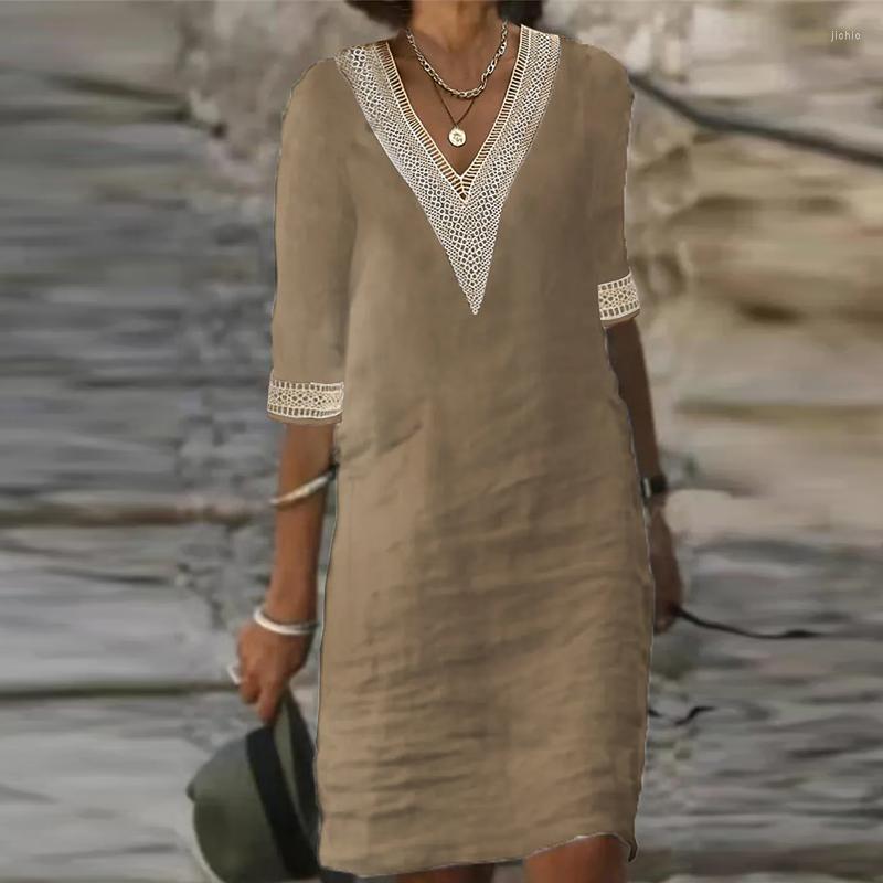 Casual Dresses Women Cotton Linen Dress Summer Fashion Solid Color Hallow Out Mini Female Oversize Mid-Sleeve Vestidos