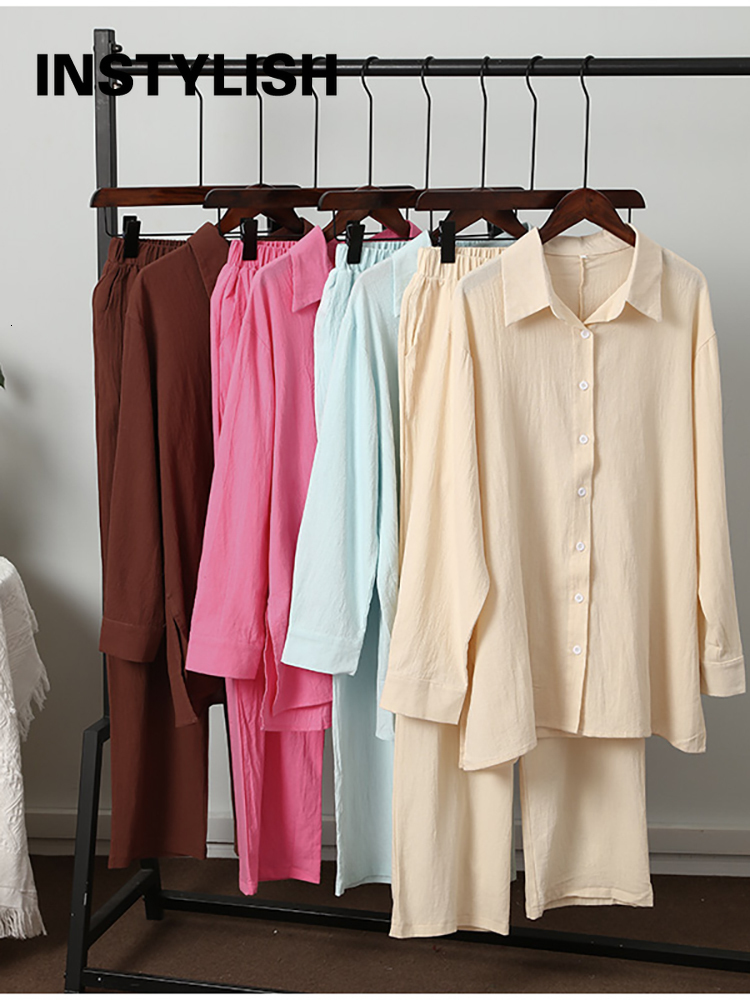 Women's Two Piece Pants Elegant Cotton Linen Two Pieces Sets Long Sleeve Shirt and High Waist Trousers Vintage Solid Suits Women Outfits Streetwe