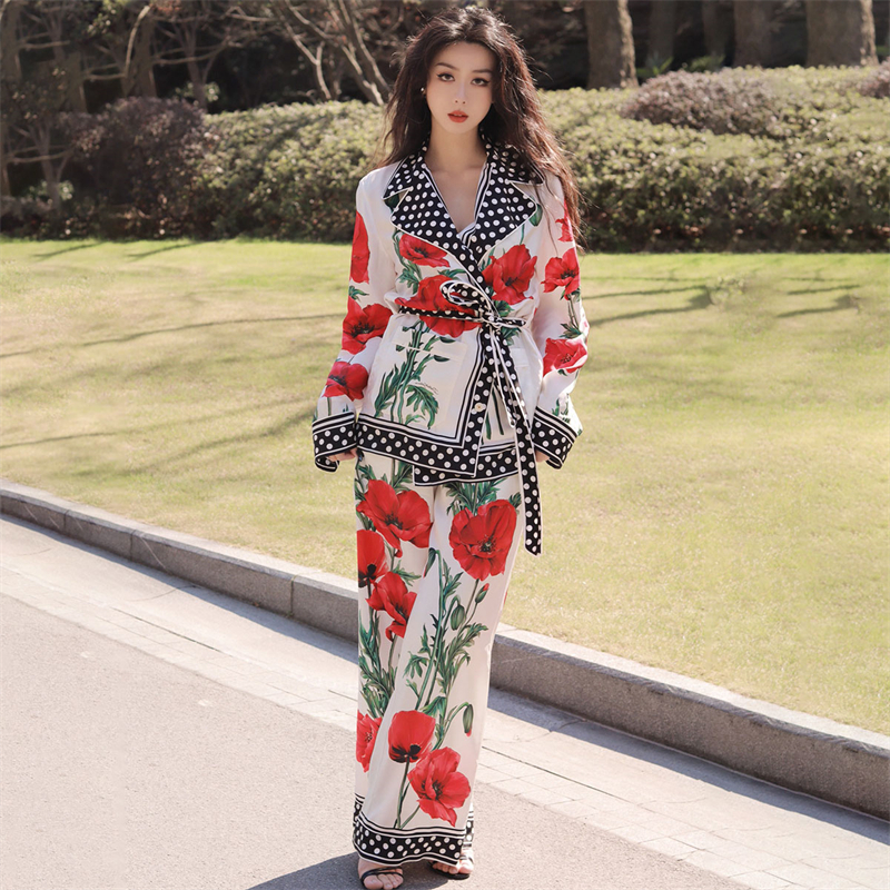 Women's Two Piece Pants Spring and summer women's satinelastic waist printed trouser suit ss fashion casual lapel casual shirt holiday wind 