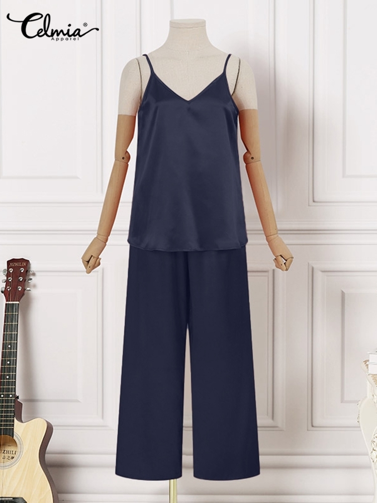 Women's Two Piece Pants Celmia Women Summer Matching Sets Casual 2 Piece Pant Suits Spaghetti Strap Camisole Tops Wide Leg Elastic Waist Long Tro