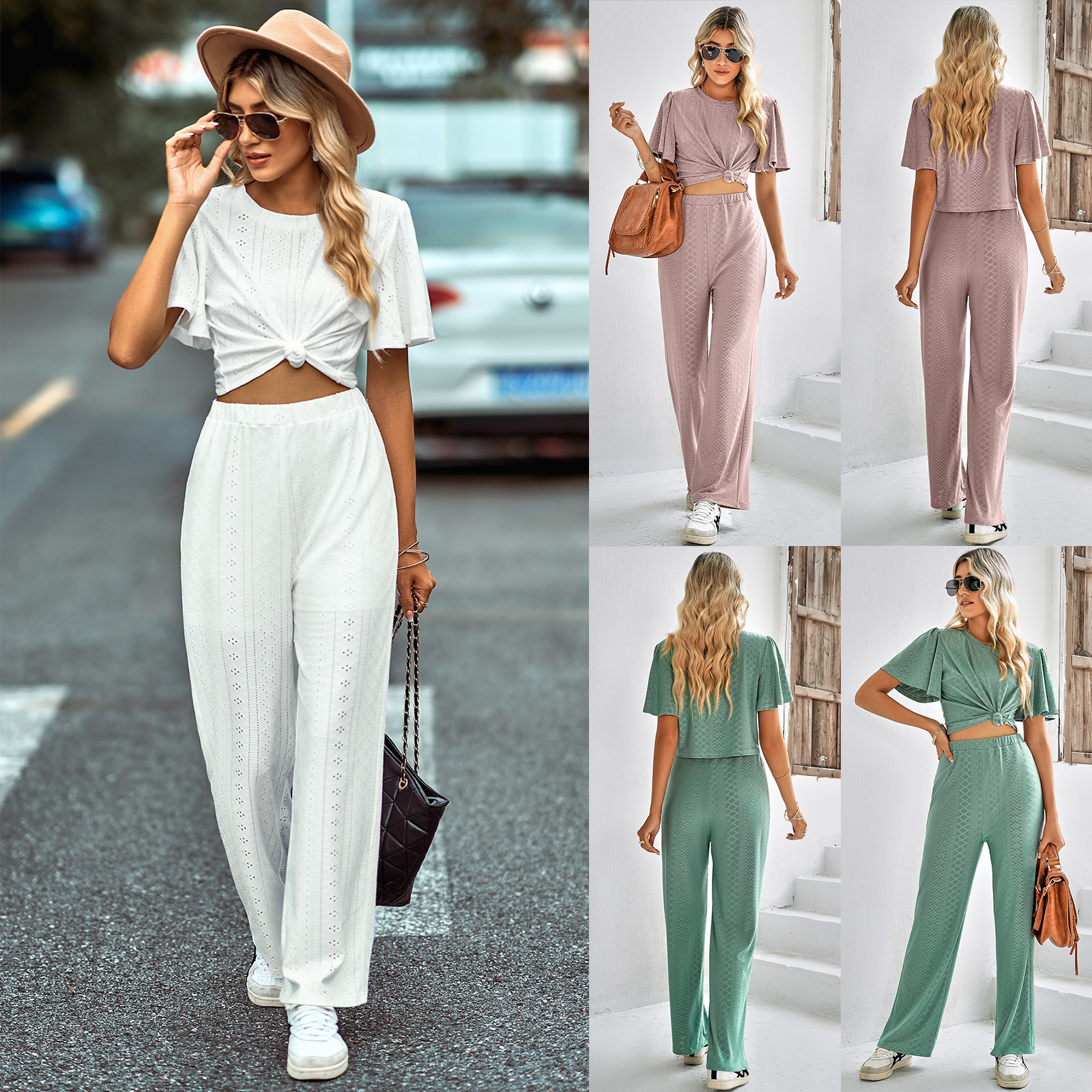 Women's Two Piece Pants Spring and Summer Women's Fashion Solid Color Casual Hollow Knitted Round Neck Trousers Suit Two Piece Sets 230511
