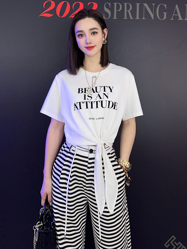 Women's Two Piece Pants Irregular Letter T Shirt Trousers Two Piece Set For Women Summer Korean Striped Wide-Leg Pants Suit Female Matching Sets 