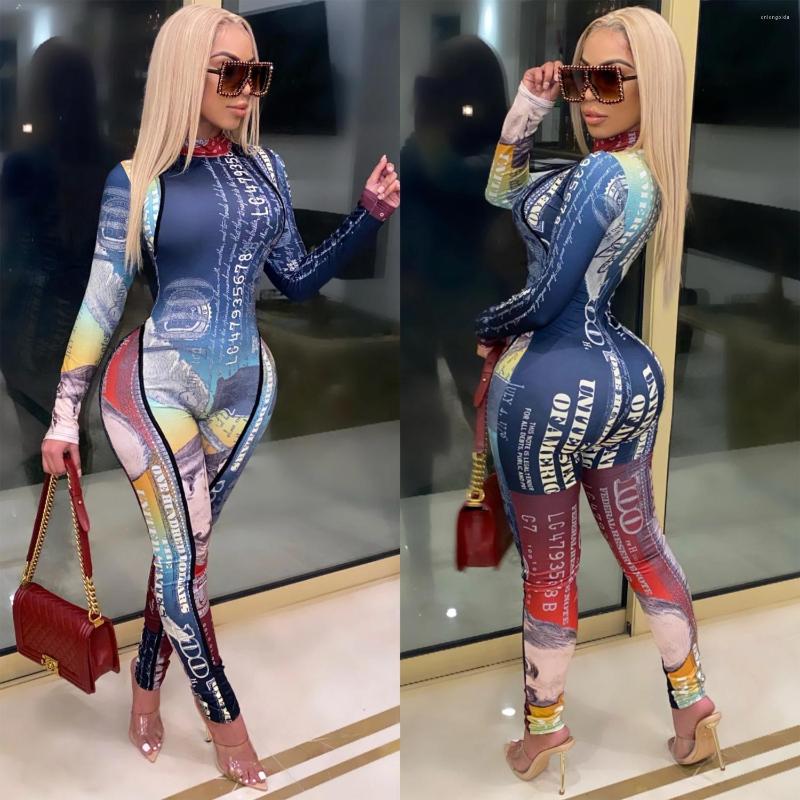 Women's Tracksuits Sexy Money Long Jumpsuit Us Dollar Printed Bodycon Rompers Autumn Turtleneck One Piece Club Outfit Fashion Clothes For