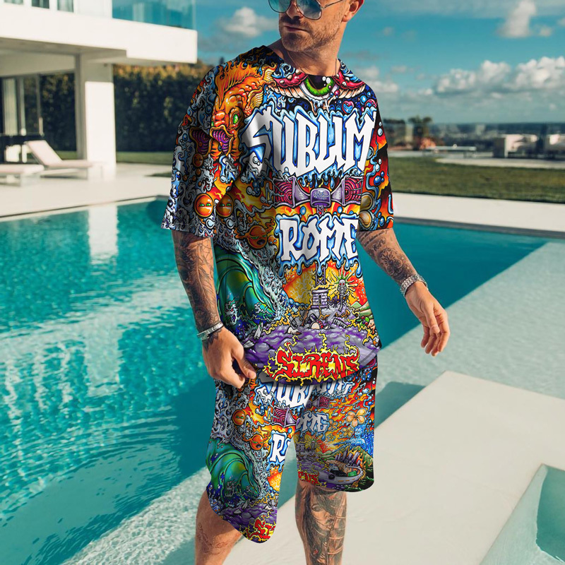 Men's Tracksuits Summer Trend Men Sets Color 3D Printed Tracksuits Clothes Men's Sportswear Casual Shorts Tshirts Set Sport Suites Male Over