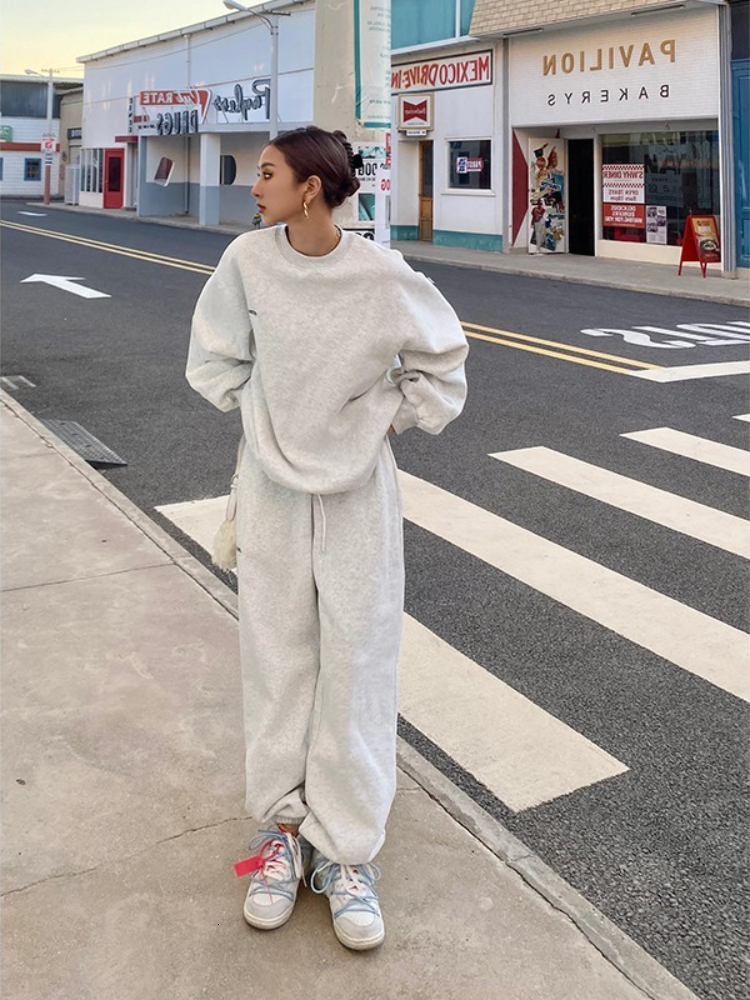 Women's Two Piece Pants Nicemix American Vintage Gray Casual Sports Suit Female Autumn Loose Grunge O-neck Sweatshirt Leggings Trousers Two-piece