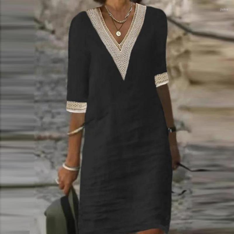 Casual Dresses Women Cotton Linen Dress Summer Fashion Solid Color Hallow Out Mini Female Oversize Mid-Sleeve Vestidos