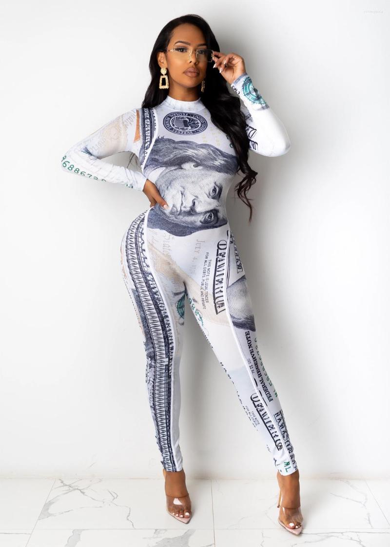 Women's Tracksuits Sexy Money Long Jumpsuit Us Dollar Printed Bodycon Rompers Autumn Turtleneck One Piece Club Outfit Fashion Clothes For