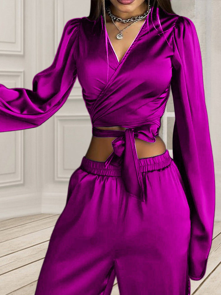 Women's Two Piece Pants Flared Sleeves Two-piece Women Sets Lace-up Short Top Loose Trousers Fashion Lady Outfits Solid Color V-neck Casual Femal