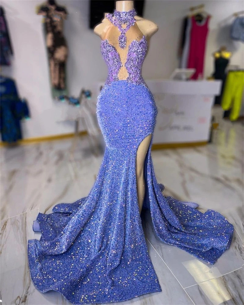 Neck Sequins Lilac High Long Prom Dress For Black Girls Appliques Birthday Party Dresses Sequined Evening Gowns Mermaid Robe De Es