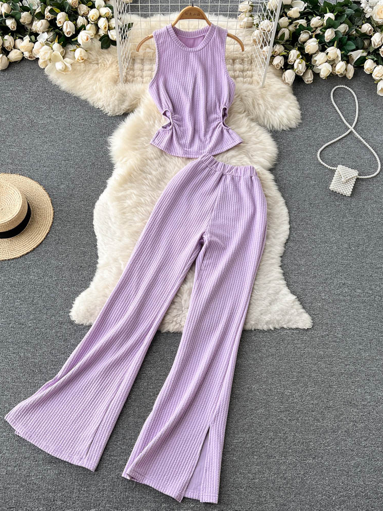 Women's Two Piece Pants Korean Suits Women's Two Piece Set Summer Slim Fit Sleeveless O-neck Tops High Waist Slits Trousers Two-piece Suit F