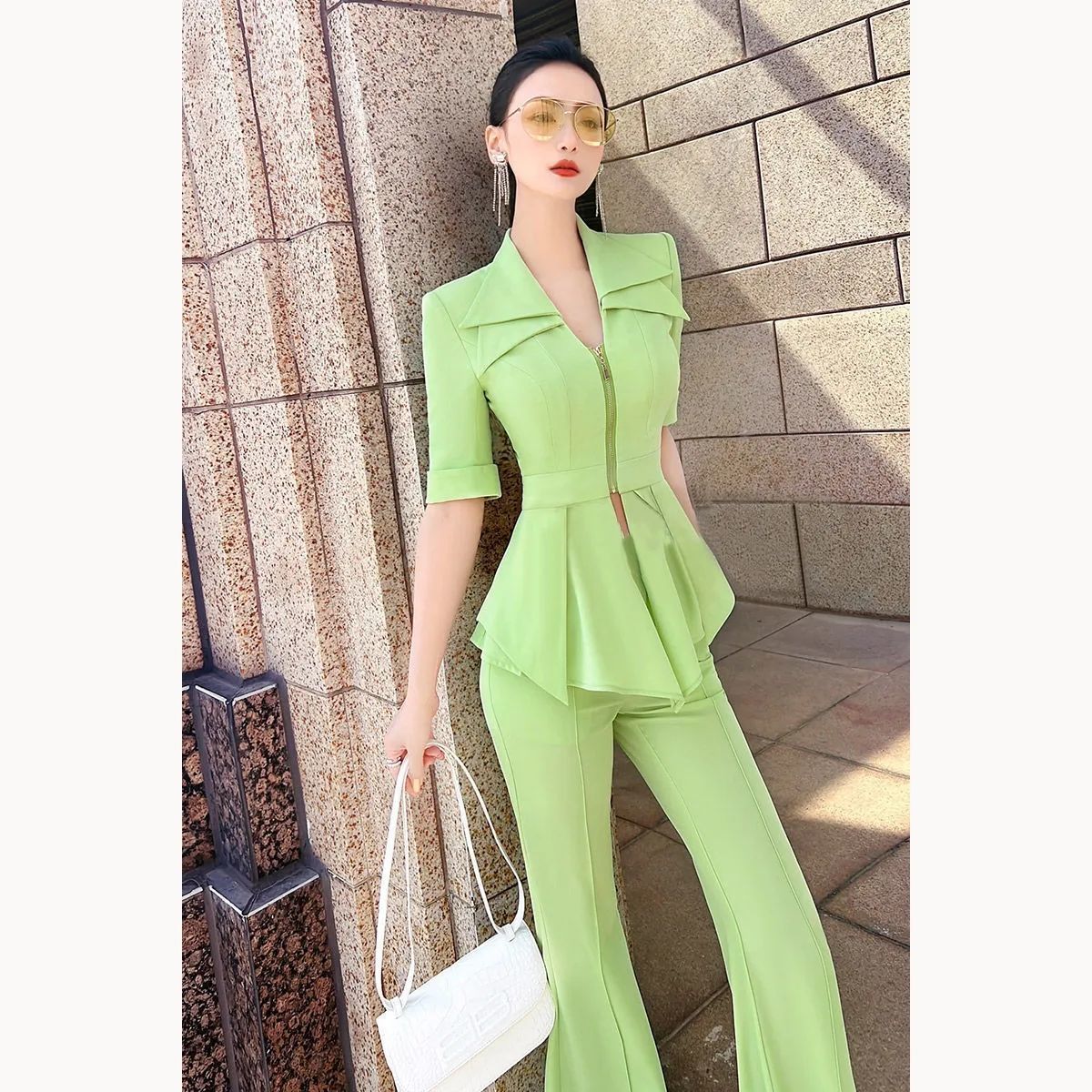 Women's Two Piece Pants Summer Women's Zipper Blouse Coat Trousers Female Fashion Lapel Collar Blouse Sets Lady Two Pieces High Waist Suit S