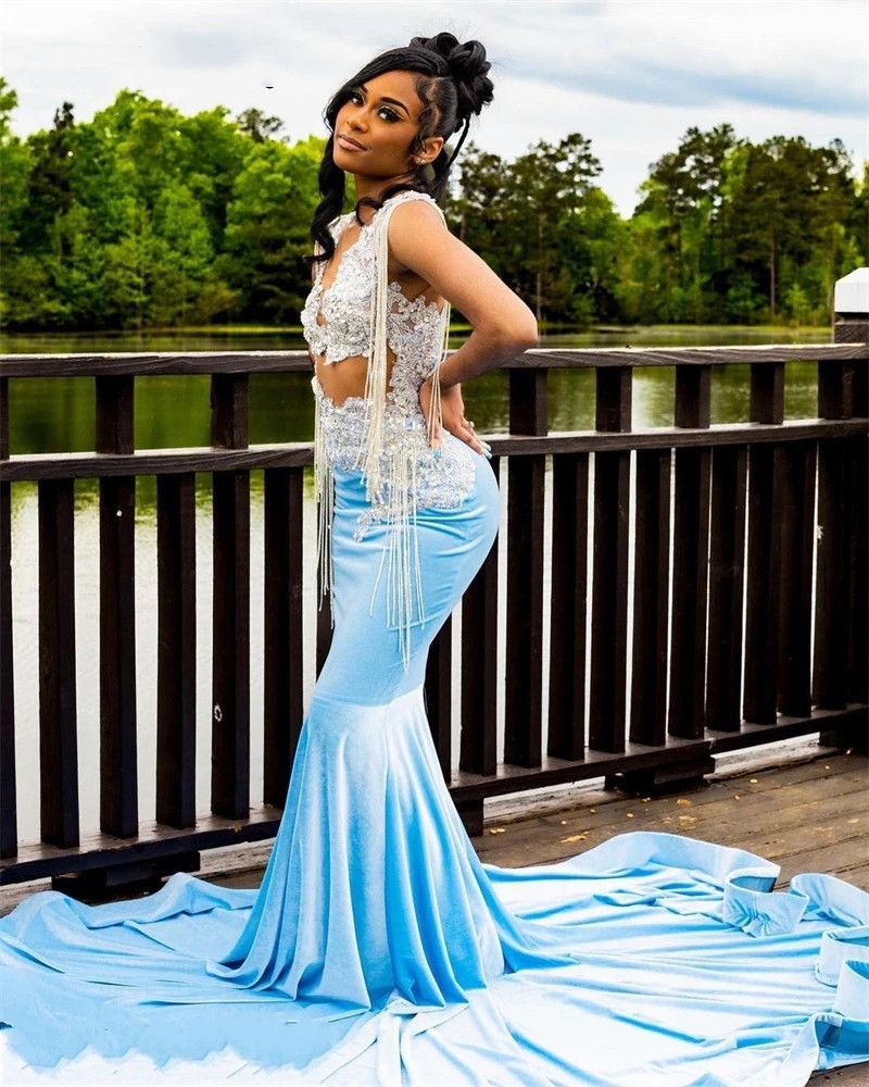 Blue Appliques Sexy Lace Mermaid Black Girl Prom Dress 2023 Veet Beads Tassles Graduation Party Gowns Robe De Bal