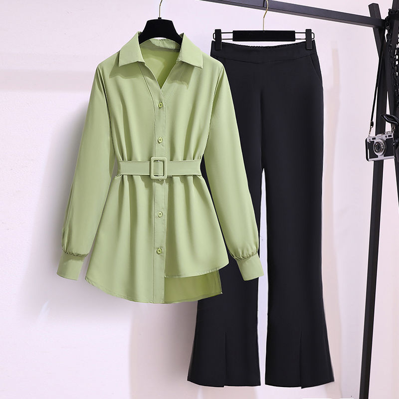 Women's Two Piece Pants Two Piece Sets Womens Outifits For Spring Female Pantsuits Office Lady Solid Irregular Hem Blouse Flare Pants Costume 230