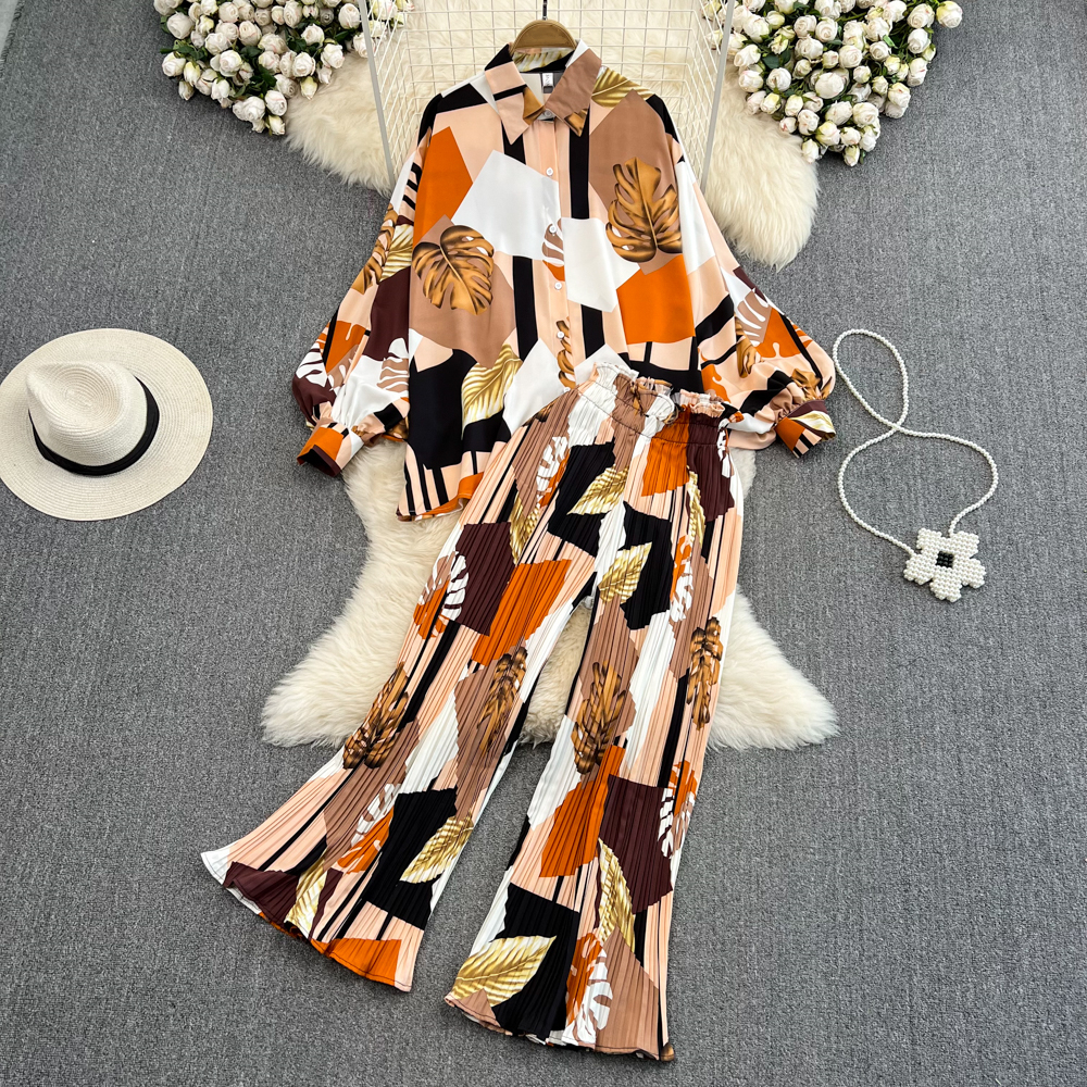 Women's Two Piece Pants Clothland Women Elegant Print Blouse Trousers Suit Loose Batwing Sleeve Shirt Pleated Wide Leg Pants Chic Two Piece Set T