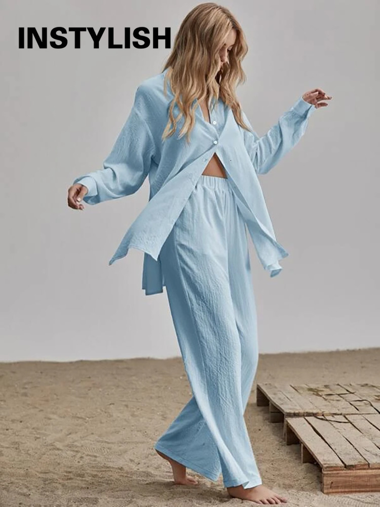 Women's Two Piece Pants Elegant Cotton Linen Two Pieces Sets Long Sleeve Shirt and High Waist Trousers Vintage Solid Suits Women Outfits Streetwe