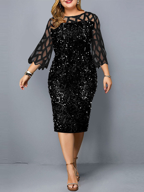 Plus size Dresses Party Dress Plus Size Ladies Midi Sequin Mesh Long Sleeve Lace Elegant Bodycon XL-4XL 5XL Evening Dresses For Women Summer 230511