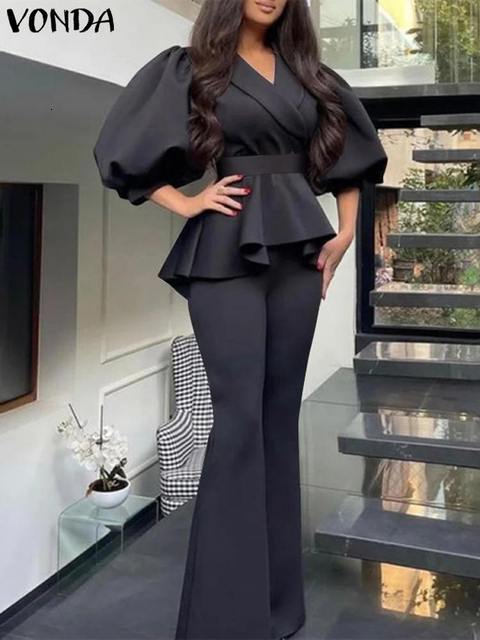 Women's Two Piece Pants Y2k Women Sets VONDA Vintage Puff Sleeve Waist Belt Top Trousers Suits Female Sexy V Neck Party Sets Femininas Suits Bagg
