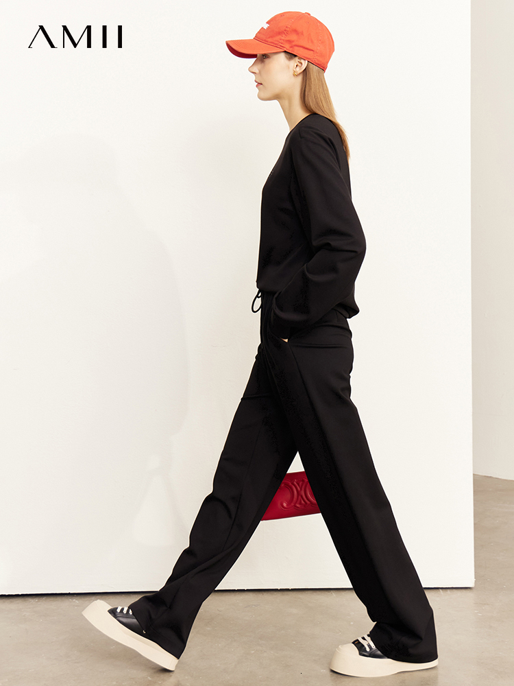 Women's Two Piece Pants Amii Minimalist Autumn Women's Suit Long Sleeve Sweatshirt Casual Elegant Fashion Wide Leg Trousers Skirt Separately