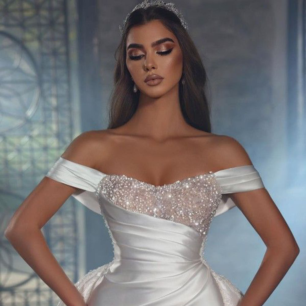 Vintage Bead Off the Shoulder Mermaid Wedding Dresses for Bride Pleat Satin Detachable Train Bridal Gowns