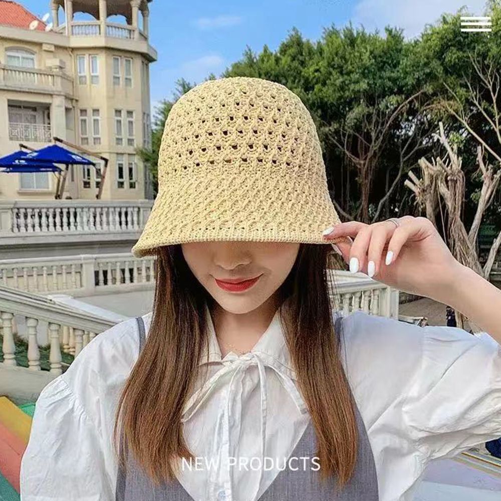 Stingy Brim Hats Bucket Hat Spring Summer Hollow Knitted Hat Solid Color Sunhat Fisherman Caps Casual Foldable Beach Cap 230511
