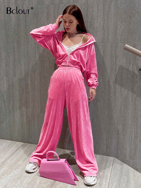 Women's Two Piece Pants Bclout Spring Pink Velvet Pants Sets Womens 2 Pieces Fashion Long Sleeve Loose Sweatshirts Sports Wide Leg Trousers Suits