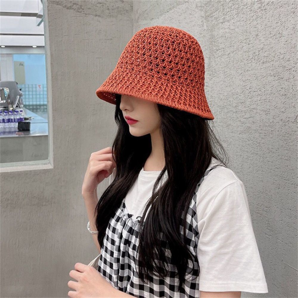 Stingy Brim Hats Bucket Hat Spring Summer Hollow Knitted Hat Solid Color Sunhat Fisherman Caps Casual Foldable Beach Cap 230511