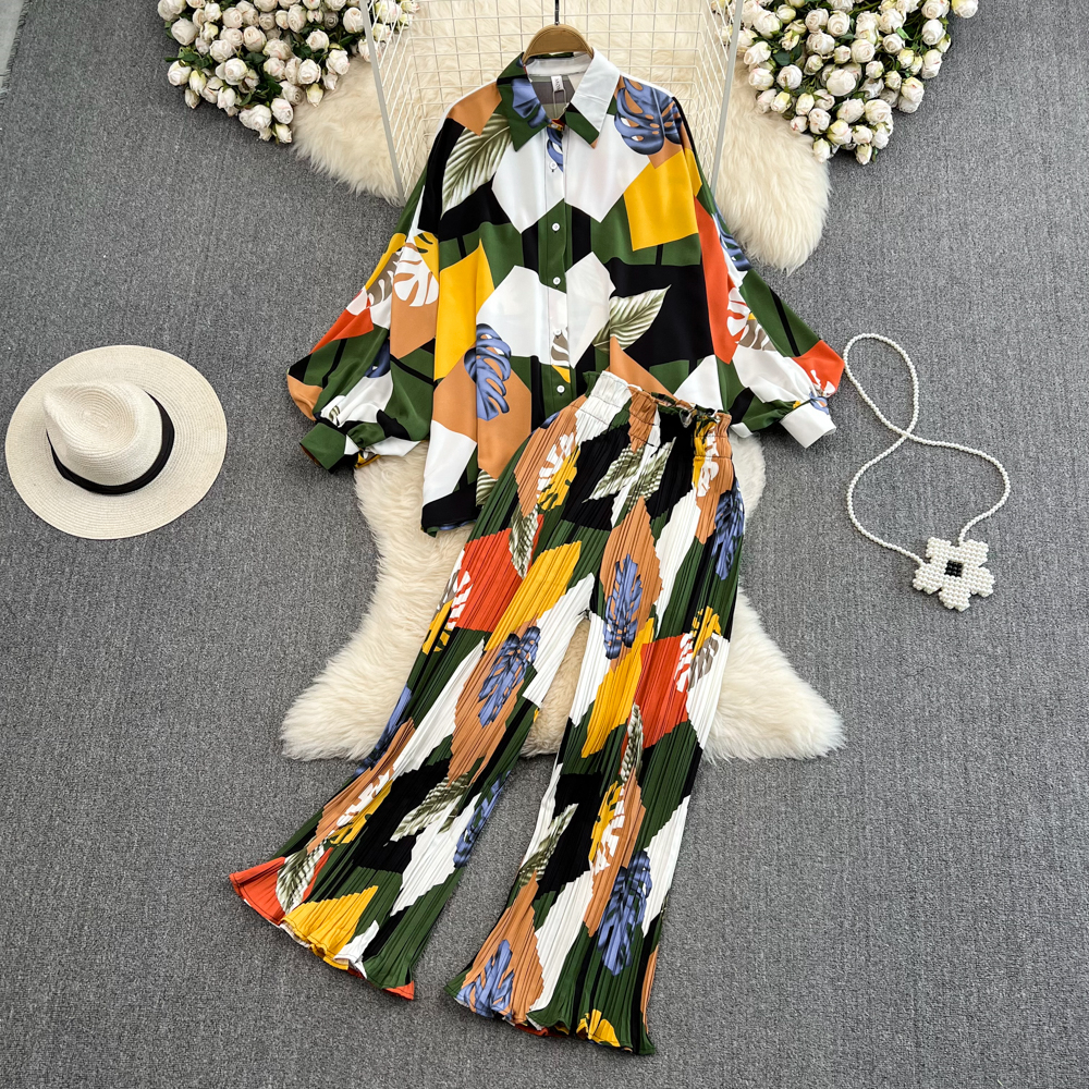 Women's Two Piece Pants Clothland Women Elegant Print Blouse Trousers Suit Loose Batwing Sleeve Shirt Pleated Wide Leg Pants Chic Two Piece Set T